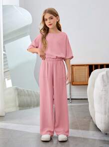 SHEIN Tween Girls Casual Vacation Solid Color Round Neck Short Sleeve Two-Piece Set - Pink - View 5