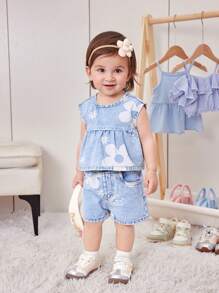 Bộ áo và quần short DENIMLY in họa tiết hoa cho bé gái, giặt nhẹ, sản phẩm thời trang ấm áp hàng ngày không thể thiếu cho mùa xuân hè. - Rửa nhẹ - Xem 1