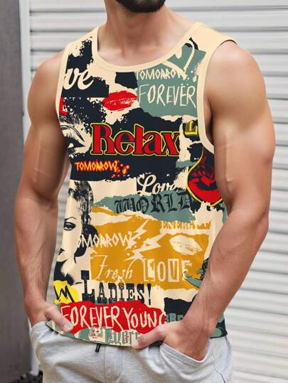 Manfinity LEGND Modern, avslappnad vintage-linne med slitet tryck och tidningsaffisch, helt grafiskt tryck, smal passform för män, lämplig för sommarutomhus, streetwear, dejter, fester, parmatchning, perfekt present till pojkvän