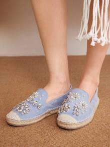 Styleloop Women's Fashion Light Blue Pearl Floral Rhinestone Espadrille Flat Shoes, Suitable For Commuting, Dating, Party, Shopping, Holiday, Boho, Western, Music Festival, Casual Outfit - Blue - View 5