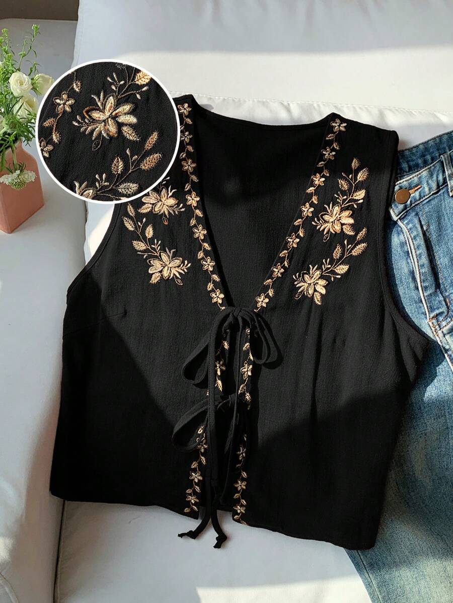 Comfortcana Áo cánh nữ không tay màu đen thêu hoa phong cách Bohemian buộc phía trước, mùa hè - màu đen - Xem 1