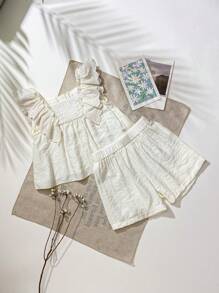 SHEIN Playful Pals 2 件套女婴幼儿/新生儿 0-3 岁春夏季假期公主纹理编织盖袖衬衫上衣和短裤套装，杏色 - 杏色 - 查看 8