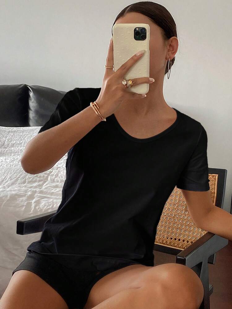 Women's Casual Basic Black Slightly Loose Fit T-Shirt, Summer