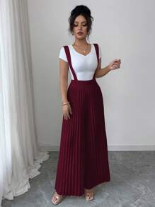 Selianne 褶皱吊带简约通勤女裤 - 酒紅色 - 查看 5