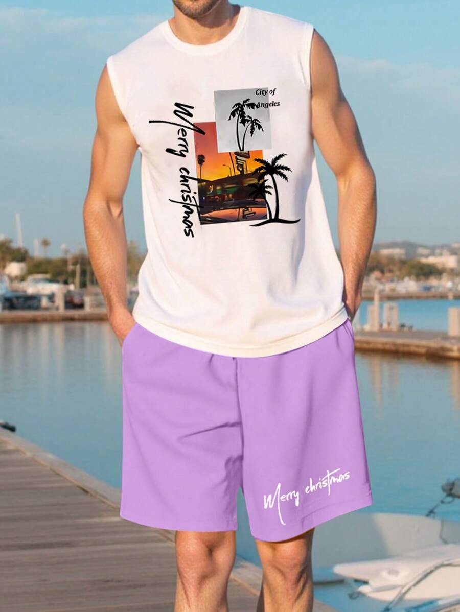 Manfinity RSRT Men's Summer Letter & Palm Tree Printed Tank Top And Shorts Set - Mauve Purple - View 1
