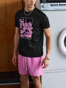 SWAVVY 男士拼色日文字母花卉图案印花短袖T恤和抽绳腰短裤夏季服装 - 彩色 - 查看 4