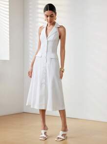 Uhlyne Vestido midi de línea A con cuello de mandarín, botones de resina, sin mangas, lazo y escote halter de lino de unicolor y elegante para mujer
