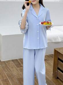 2pcs Tween Girls Casual Minimalist Printed Ruffle Collar Top And Pants Comfy Lounge Pajama Set - Baby Blue - View 4