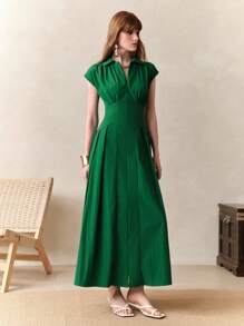 Arave 法式高腰修身褶饰 V 领无袖开衩中长连衣裙，适合办公室/通勤 - 綠色 - 查看 5