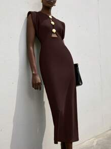 Aveloria Modichic Women's Hollow Metallic Buckle Waist Exaggerated Shoulder Dress - Brown - View 3