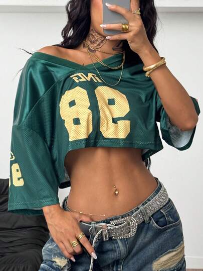 Coolane Camiseta corta versátil con estampado de letra de jersey de fútbol deportivo de estilo callejero vintage y estilo Y2K para mujer