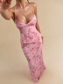 SHEIN BAE 春夏纯色粉色提花吊带背心，女士细肩带度假背心，提花上衣 - 粉色 - 查看 5