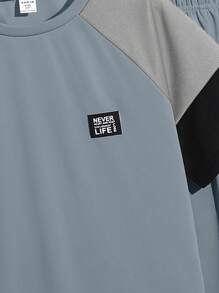 SHEIN 2pcs Tween Boys Casual Versatile Colorblock Crew Neck T-Shirt & Pants Set, Suitable For Commuting, School, Daily Casual, Sports, Spring/Summer, Boys Athletic Set, Boy Casual Sets,, Two Piece Boy Sets;Black, Gray, Blue, Suitable For School, Boys Colorblock Set