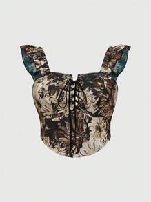 ROMWE Hauts ajustés de grande taille pour femmes avec design de cravate à fleurs vintage