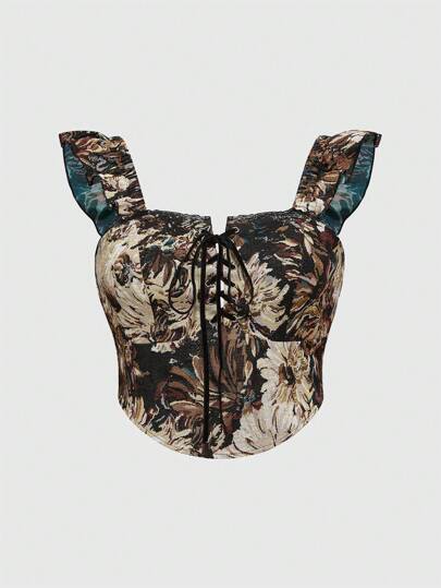 Top ajustado de talla grande con diseño de corbata de flores vintage para mujer