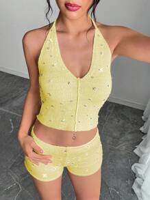 INAWLY 2 pièces/Set Top tricoté avec décoration de strass et dos nu, avec col en ras-du-cou, et short, pour le printemps/été