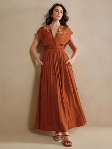 Anewsta 优质夏季 V 领束腰花卉装饰独特风格连衣裙，适合毕业典礼、节日、假日、优雅场合、度假、老钱美学、约会之夜