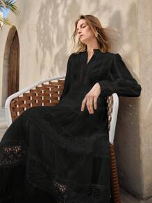 Ontre Abito lungo elegante da donna con scollo a V, maniche lunghe e contrasto di colore in pizzo