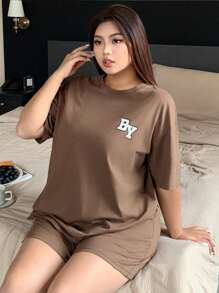 Dazy Plus Letter Print Crew Neck Loose Short Sleeve Top And Shorts Pajama Set