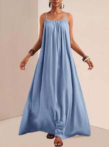 Zivah 2025年夏季新款音乐节、复活节、圣帕特里克节、西部风、游牧风、生日派对庆典、毕业季、学生装、日常休闲、度假、邮轮旅行、海滩、日光浴、网红流行可调节肩带、垂直罗纹纹理、宽松版型、卡其色女装连衣裙 - 藍色 - 查看 2