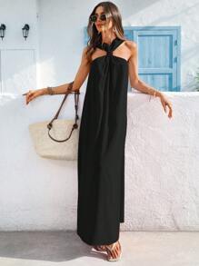 Vivid Eden Spring & Summer Vacation Halter Split Beach Dress,Women Summer Clothing,Vacation Style Vacation Dress - Black - View 1