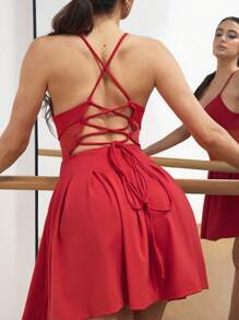 Menodora SHEIN Sport Women Solid Color Mesh Patchwork Sleeveless Sports Dress Latin Dancewear - Red - View 5