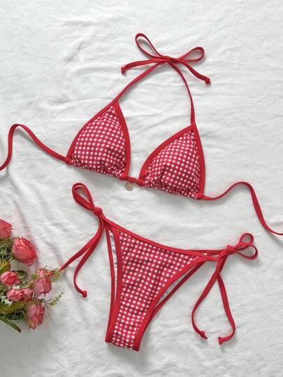 Swim Mod 2pcs Women's Summer Plaid Print Spaghetti Strap Metal Decor Side Tie Sexy Bikini Set
