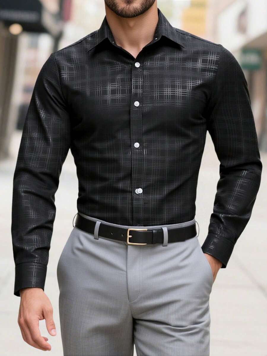 Manfinity Mode Camisa casual de manga larga con estampado a cuadros para hombres, apta para primavera y otoño - Negro - Ver 1