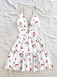 Soleia Đầm mini hở lưng, cổ chữ V khoét sâu cho nữ, thích hợp cho kỳ nghỉ hè, họa tiết quả anh đào - Nhiều màu - Xem 4