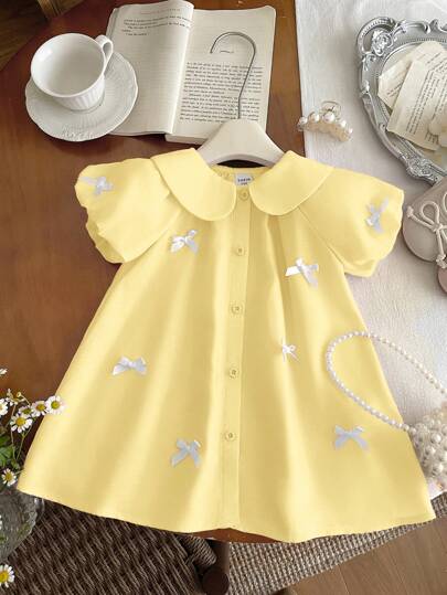 Young Girl's Cute Yellow Peter Pan Collar Bow Tie Short Sleeve Dress, Summer