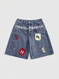 ROMWE Street Life Y2K Street Pocket Embroidery Design Dual Waistband Low Waist Loose Fit Denim Capri Pants