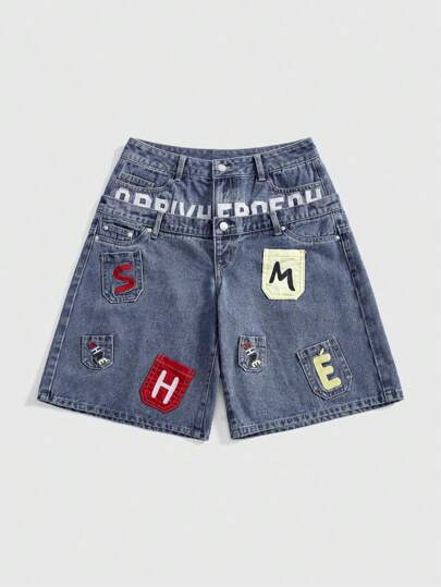 ROMWE Street Life Spring/Summer Casual Graphic Y2K Street Pocket Embroidery Design Dual Waistband Low Waist Loose Fit Denim Capri Pants