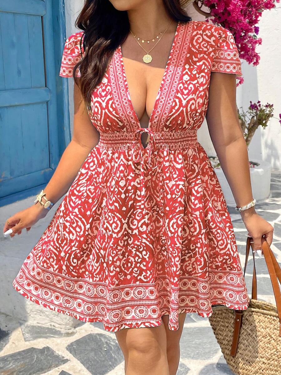 SHEIN VCAY Plus Size Summer Women Blue Floral Print V-Neck Short Sleeve Belted A-Line Dress, Boho Casual Western Music Festival Island Beach Dress