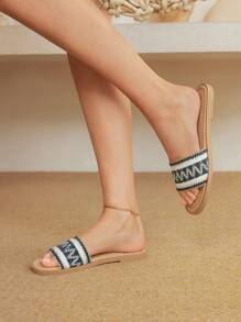 Styleloop Women's Casual Embroidered Flat Sandals, Summer - Navy Blue - View 1