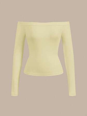 SHEIN BASICS Women Casual Solid Color Off Shoulder Long Sleeve Fitted Regular Top