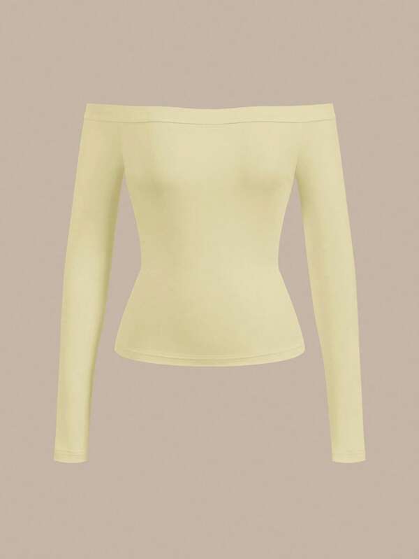 SHEIN BASICS 女士休闲纯色露肩长袖修身常规上衣