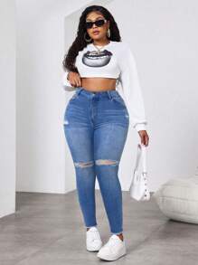 SHEIN ICON 大码女式蓝色破洞弹力紧身牛仔裤，适合7月4日、夏季、度假、牛仔西部风、商务休闲、节日、机场、毕业典礼、伊比沙岛海滩、夏威夷、音乐会、游轮、波西米亚风、2000年代毕业季等场合。 - 藍色 - 查看 3