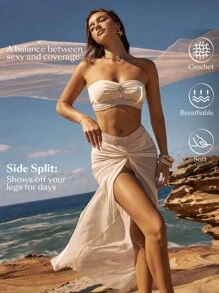 Anewsta Women's Solid Color Bandeau Bikini Set With Twister Waist Skirt For Summer Beach Vacation - Beige - View 1