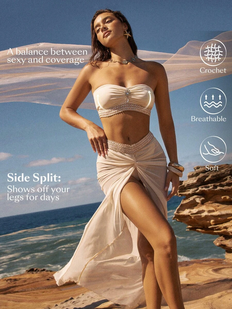 Anewsta Women's Solid Color Bandeau Bikini Set With Twister Waist Skirt For Summer Beach Vacation - Beige - View 1