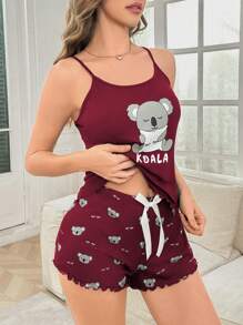 考拉字母印花吊带背心和短裤睡衣套装