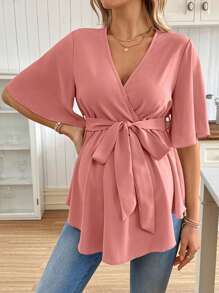SHEIN V-Neck Blouse With Ruffle Hem And Belt For Maternity