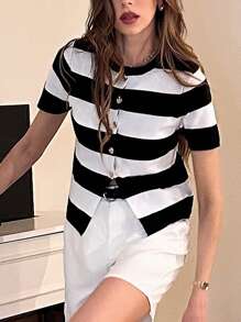 Pariaura French Casual Style Slim Fit Round Neck Short Sleeved Woolen Striped Waist Cinched Black And White Women's Spring And Summer Cardigans Women's Outdoor Tops
