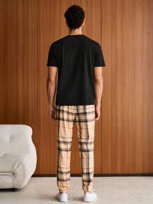 SWAVVY Hombres Camiseta con estampado de oso & Pantalones de cuadros de cintura con cordón