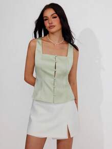 Roylia Women's Summer Viscose Satin Square Neck Button-Up Sleeveless Shirt Blouse - Green - View 5