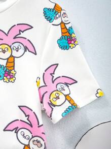 SEALOOK X SHEIN Conjunto de camiseta de manga corta blanca y shorts de verano de estilo casual con estampado de foca de dibujos animados, palmera y flores para niñas