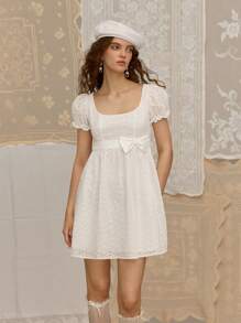 SHEIN MOD 女式白色泡泡袖蝴蝶结荷叶边娃娃裙，复古波西米亚风格 - 白色 - 查看 4