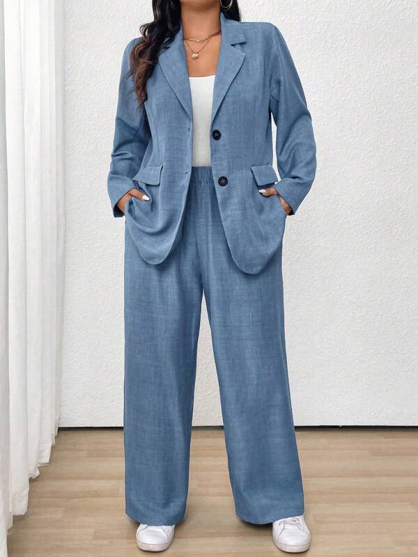 Plus Size Women Solid Color Speckled Lapel Single-Breasted Blazer And Pants Suit Graduation,Back To School,Teacher Outfits For Women