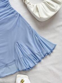 Soleia Vestido mini para mujer de estilo vacacional, con tirantes de espagueti, cuello drapeado, espalda descubierta, lazo, cola de pez, estilo sexy, para el té, pasear, romántico, cita, atuendo de playa, malla, joven, estilo juvenil