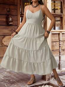 SHEIN Clasi Robe longue pour le Nouvel An, à bretelles fines, dos nu, avec volants à l'ourlet, sans manches, de couleur unie, grande taille, pour tenue de fête pour le Thanksgiving