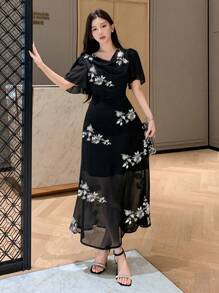 DAZY 女士中长款休闲连衣裙，适合夏季舞会穿着，优雅女士连衣裙，碎花连衣裙 - 黑色 - 查看 3